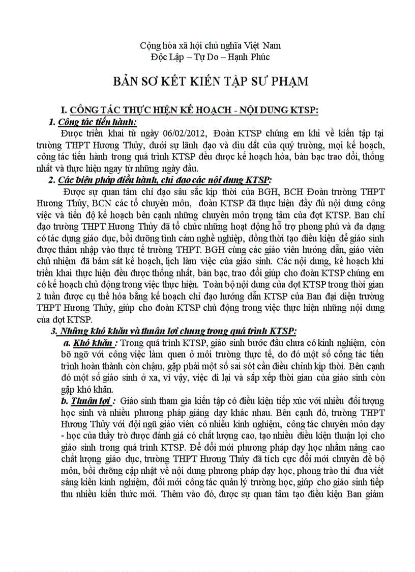 Bản sơ kết kiến tập sư phạm