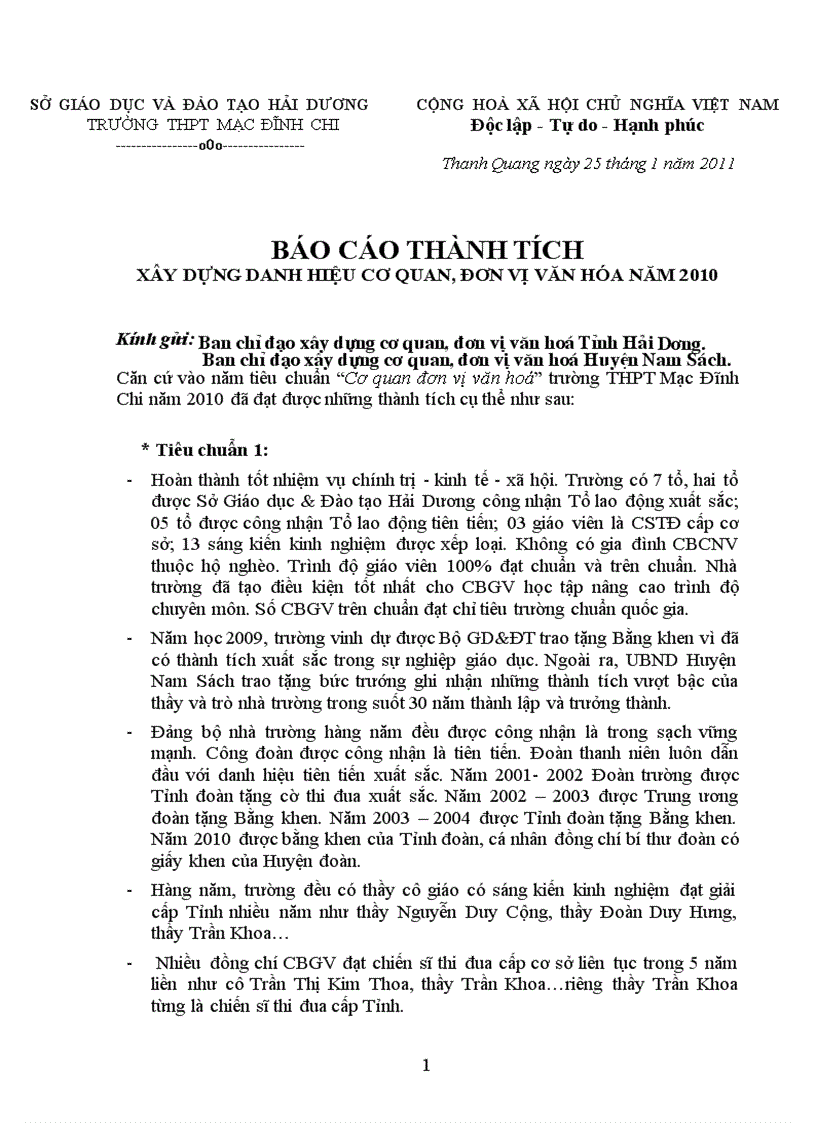 Báo cáo thành tích đơn vị cơ quan văn hóa 2011