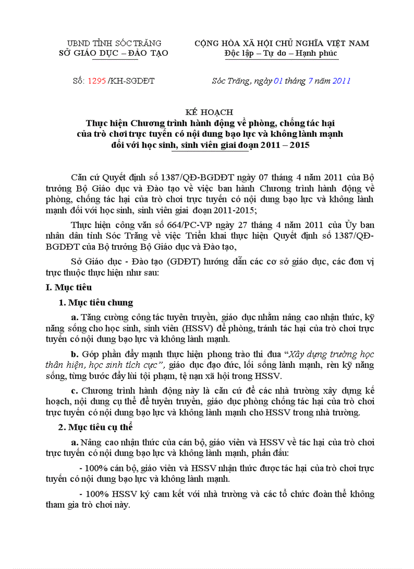 20110701 KH1295 GDTrH KeHoachPhongChongTacHaiTroChoiTrucTuyen