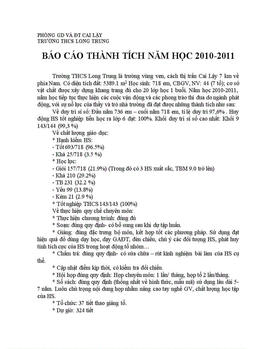 Báo cáo thành tích năm học 2011 2012