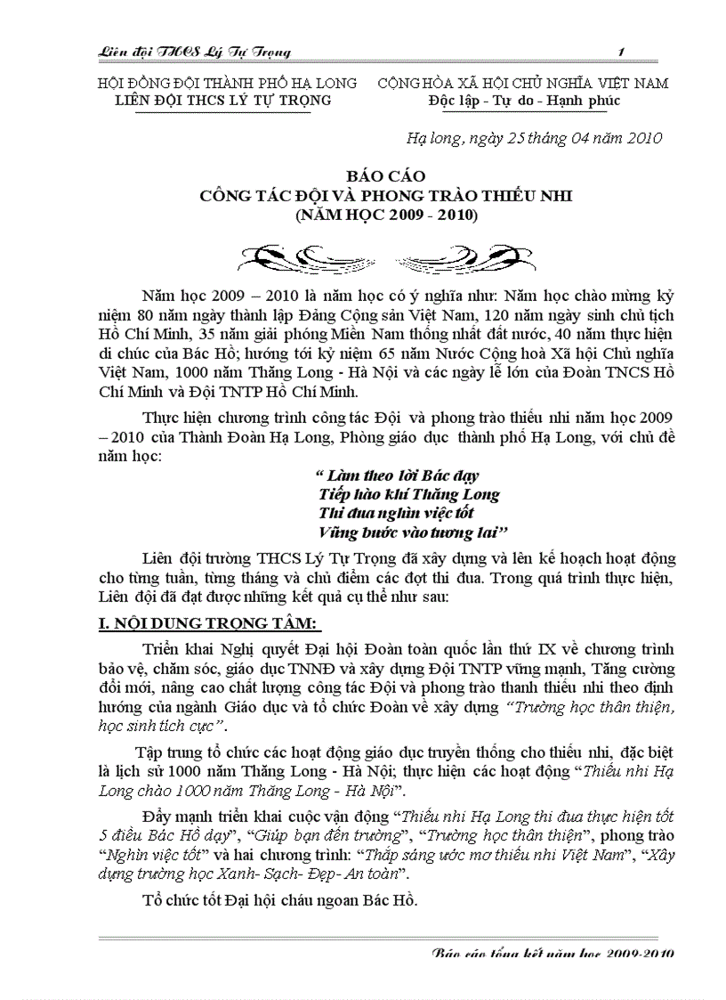 Báo cáo công tác đội và phong trào thiếu nhi năm 2009 2010