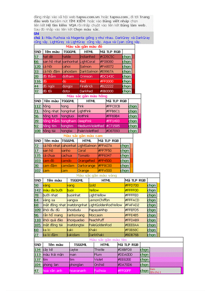 Bảng mầu chữ chọn đưa vào Web