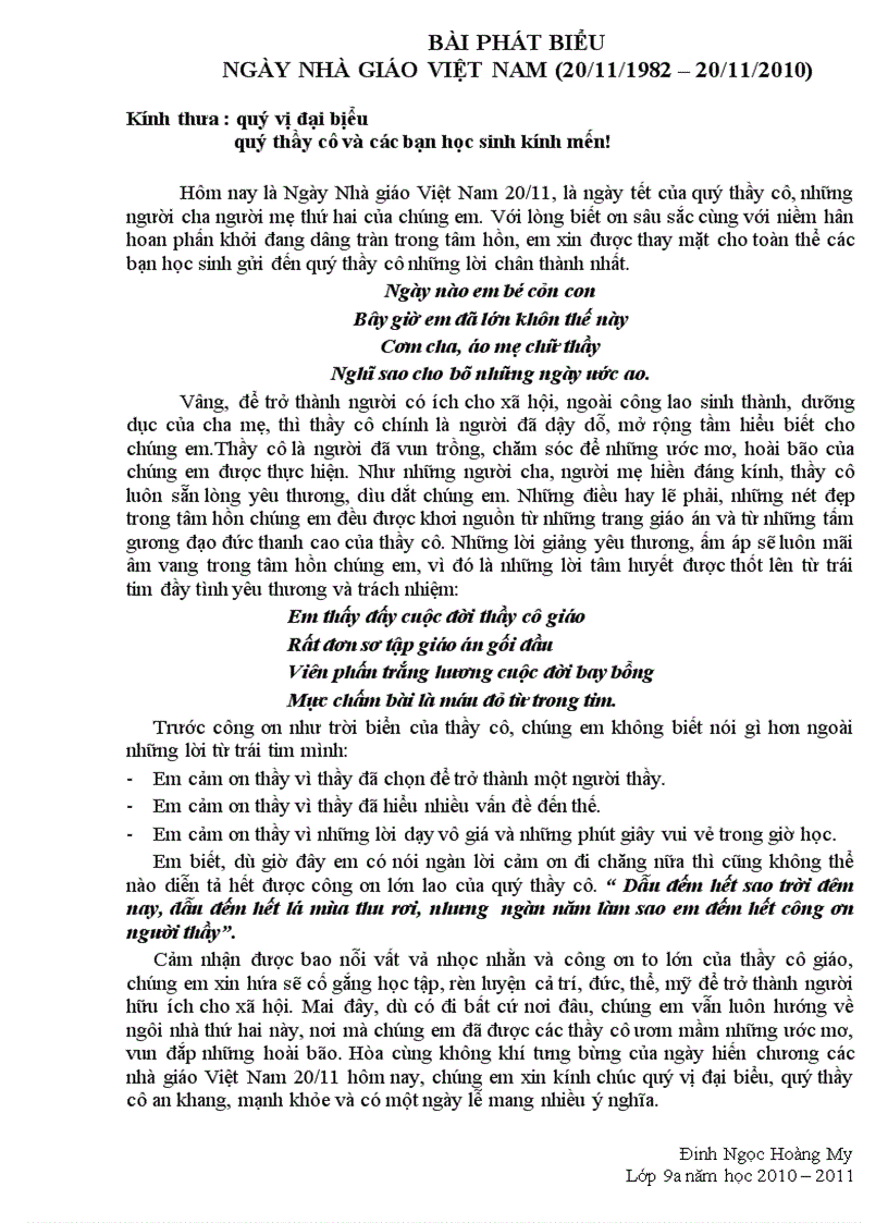 Bài phát biểu trong ngày Nhà giáo Việt Nam cũa HS