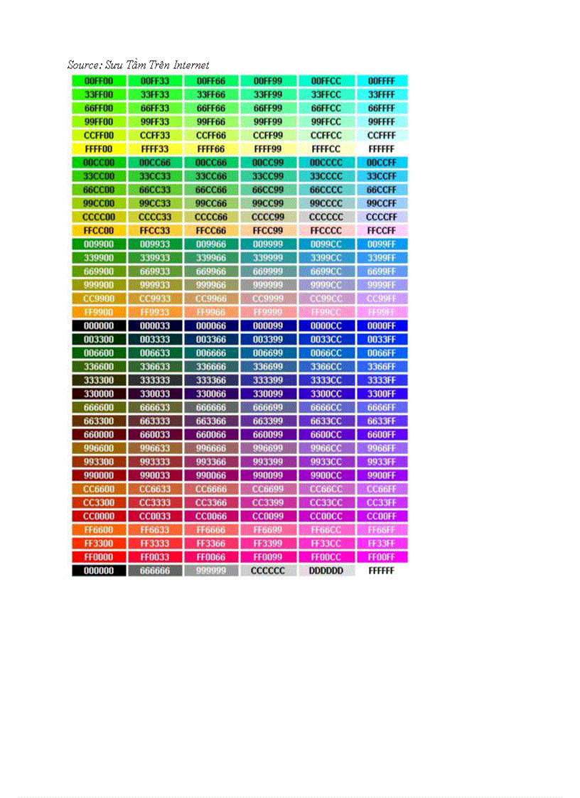 Bảng mã màu HTML chuẩn