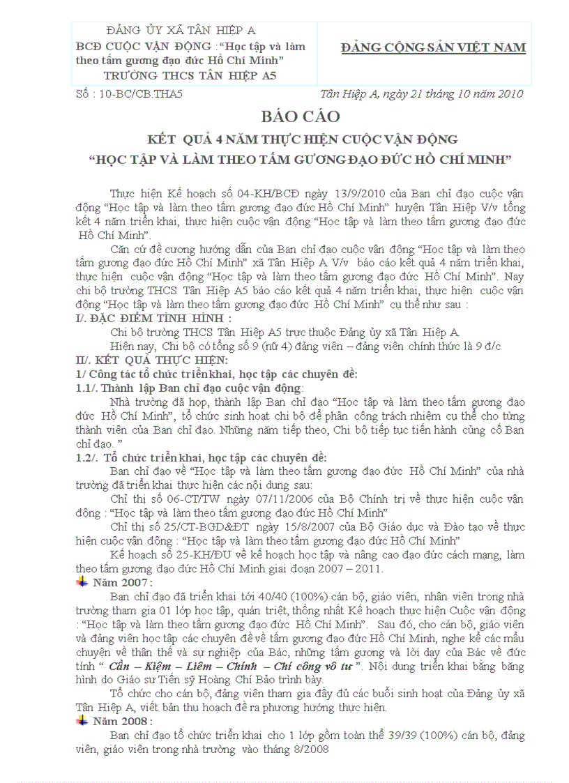 Báo cáo kết quả 4 năm thực hiện cuộc vận động Hôc tập và làm theo tấm gương đạo đức Hồ Chí Minh