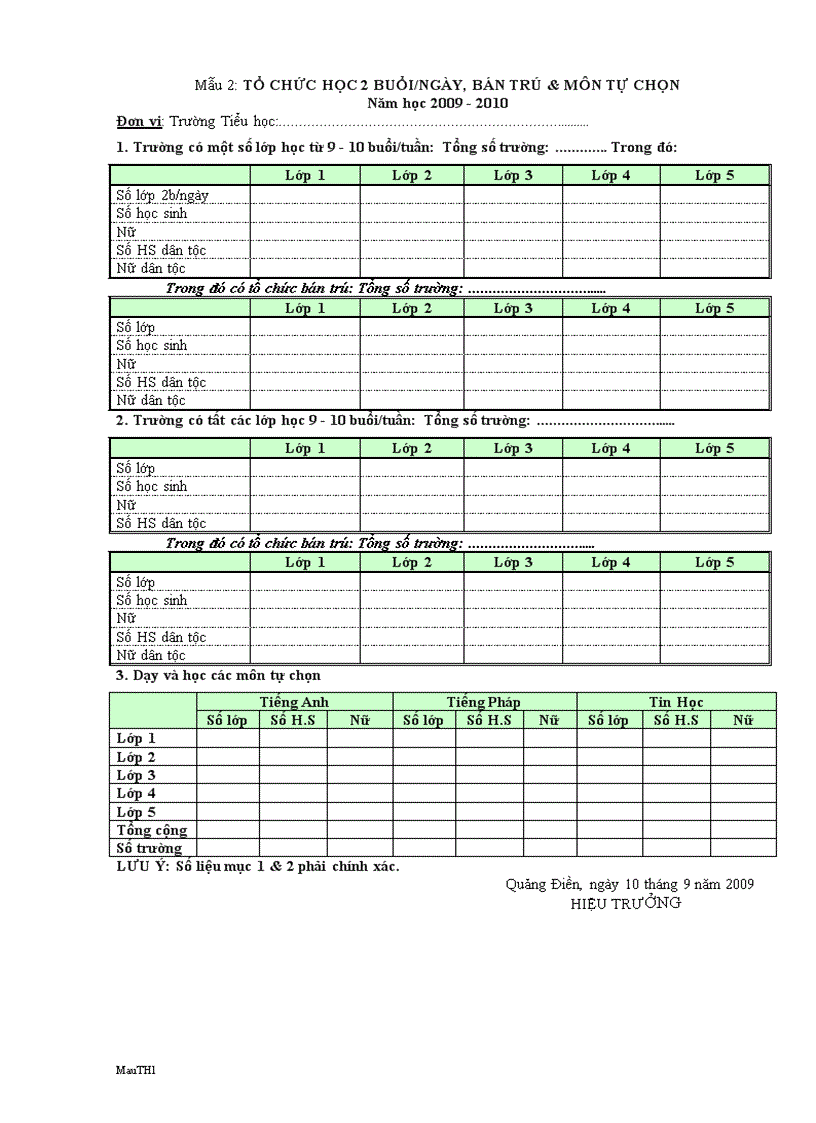 Báo cáo mẫu 2 Trường Tiểu học năm 2009 2010