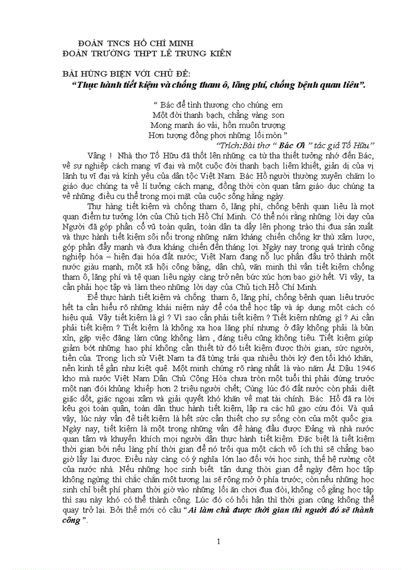 Bai thi hung bien Thực hành tiết kiệm và chống tham ô lãng phí chống bệnh quan liêu