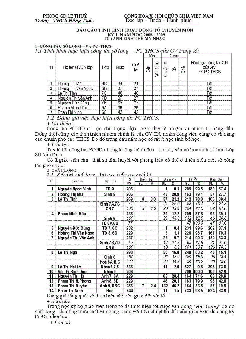 Báo cao tổ chuyên môn 2008 2009