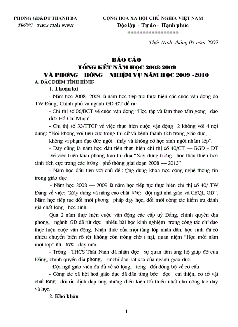 Báo cáo tổng kết năm học THCS