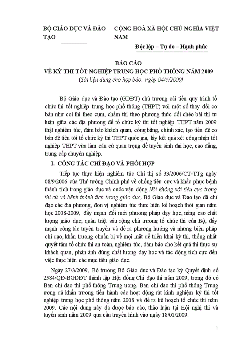 Báo cáo về kì thi TN 2009