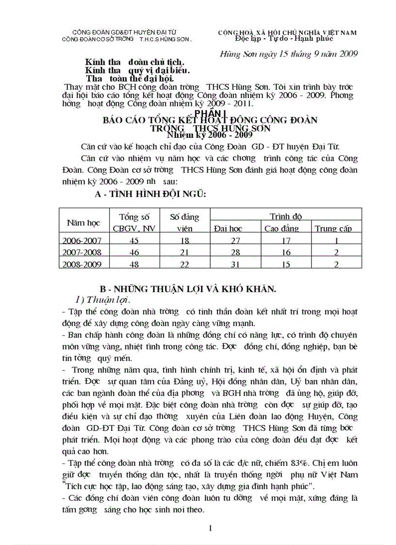 Báo cáo tổng kết công tác công đoàn nhiệm kì 2006 2009
