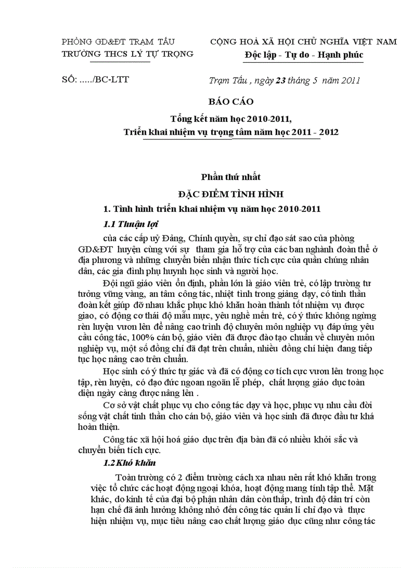 Báo cáo tổng kết năm học 10 11