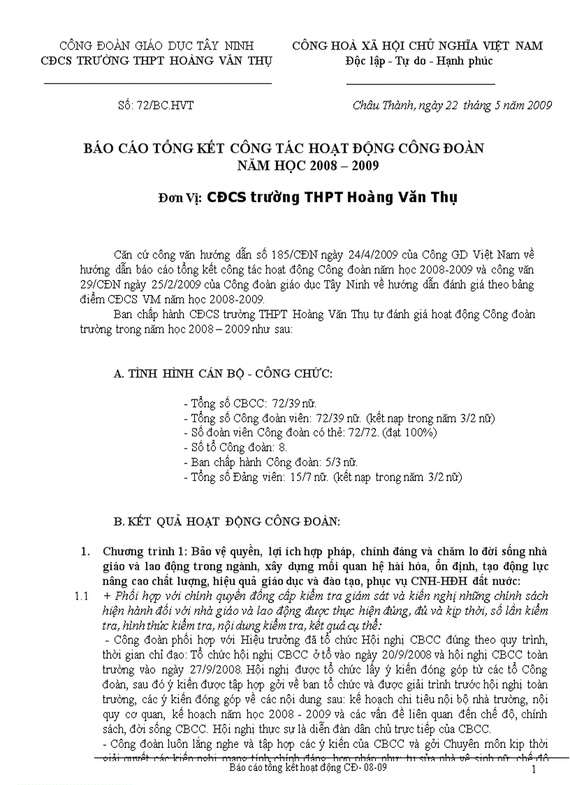 Báo cáo tổng kết hoạt động CĐ 08 09