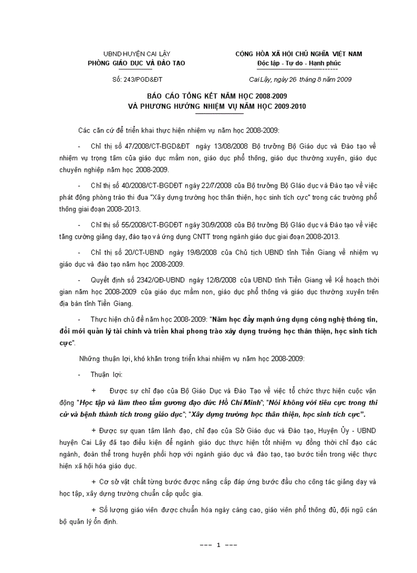 Báo cáo tổng kết năm học 2008 2009 và phương hướng nhiệm vụ năm học 2009 2010