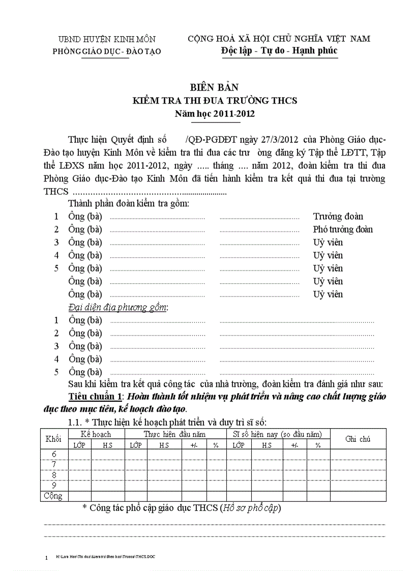 Biên bản kiểm tra THCS