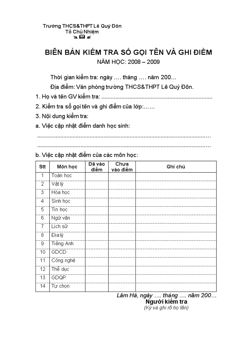 BB kiểm tra sổ Gọi tên và ghi điểm