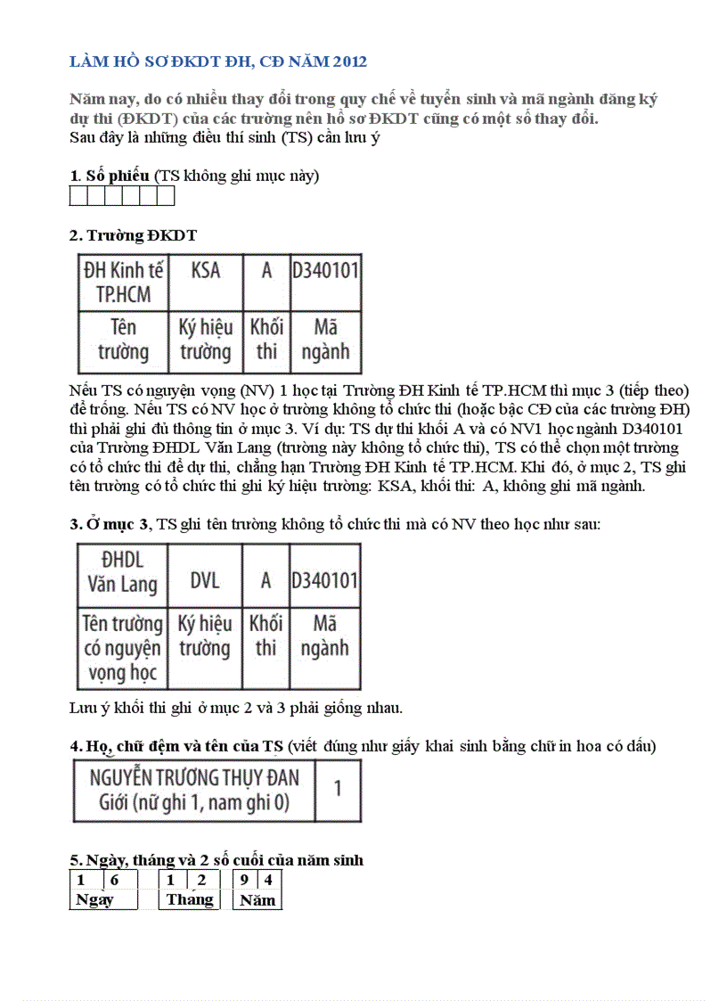 Cách làm hồ sơ DKDT ĐH CĐ năm 2012