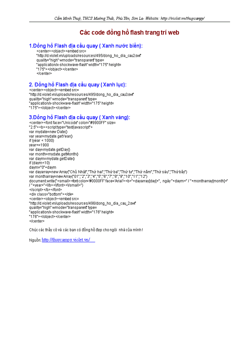 Các code đồng hồ flash trang trí web