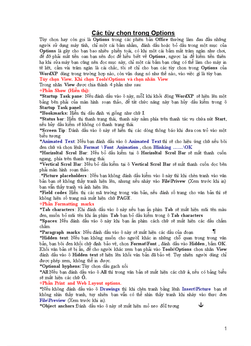 Các tùy chọn trong Options