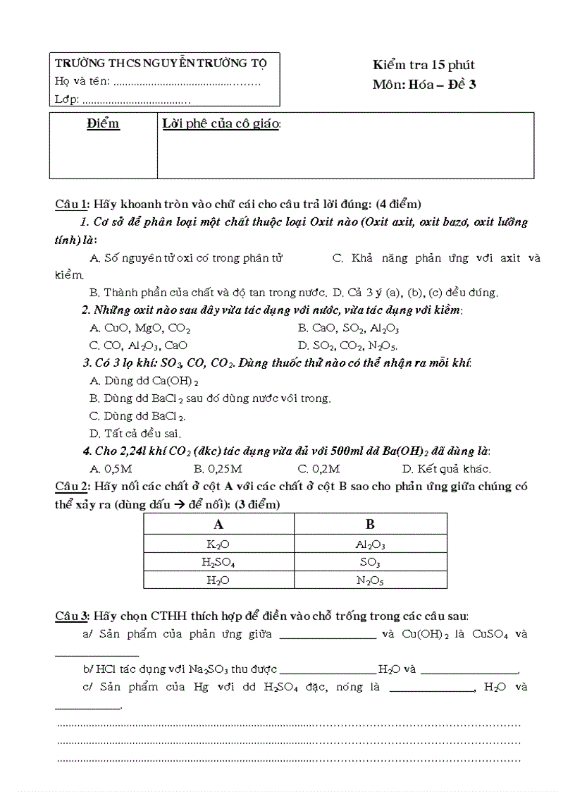 Bộ đề thi môn hóa THCS