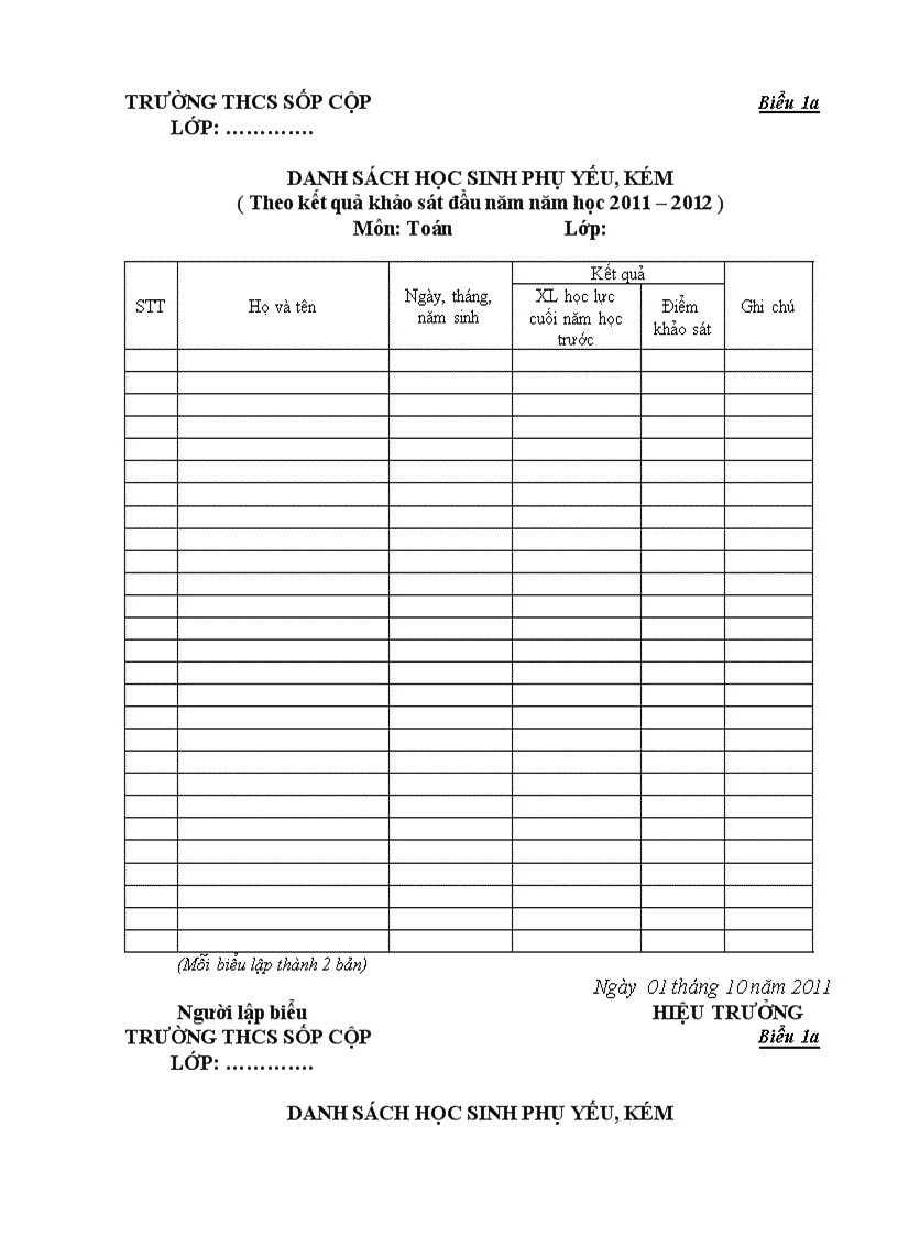 Biểu lập DSHS phụ yếu học thêm