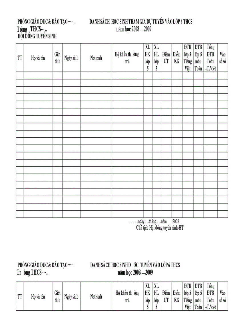 Các biểu mẫu biên bản tuyển sinh vào lớp 6
