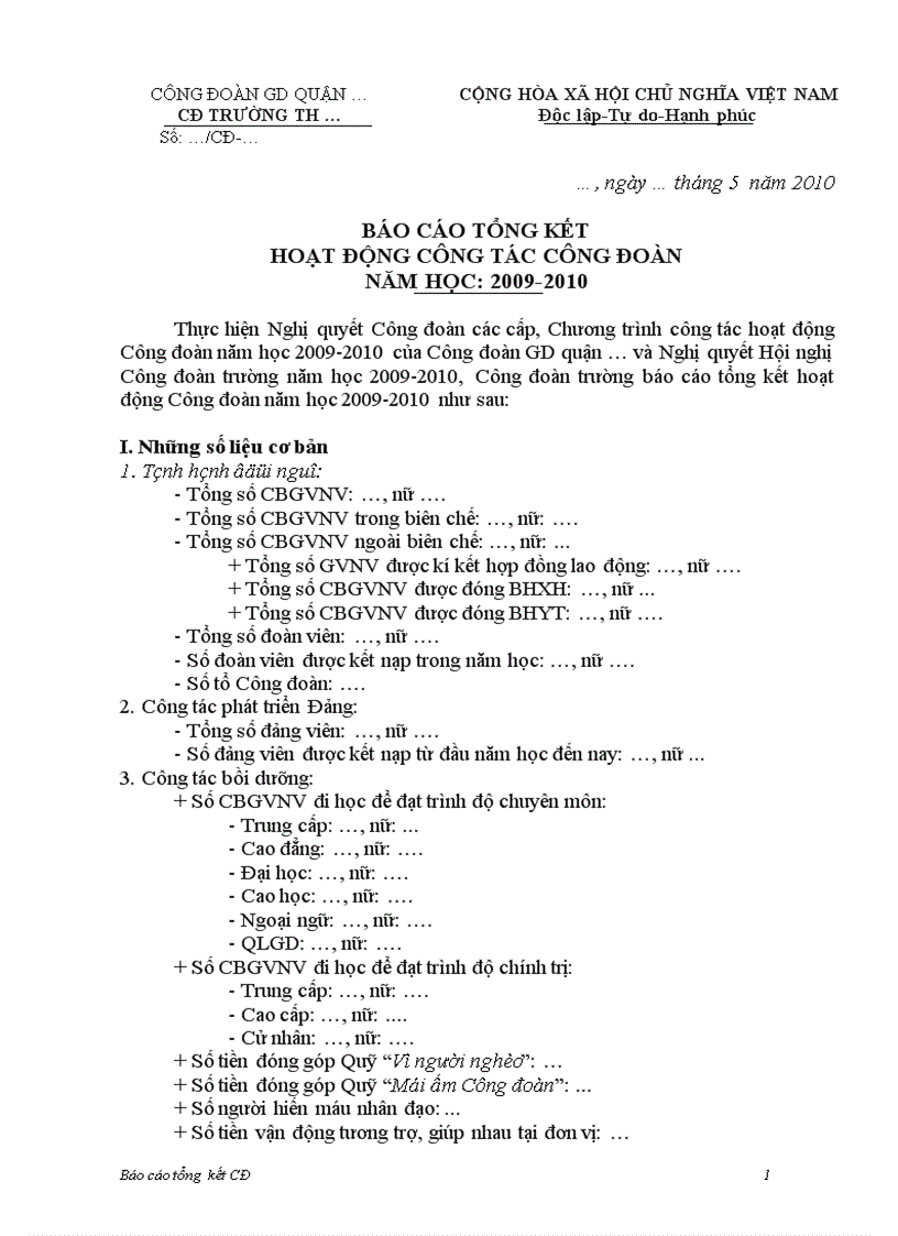 Báo cáo tổng kết hoạt động CĐ
