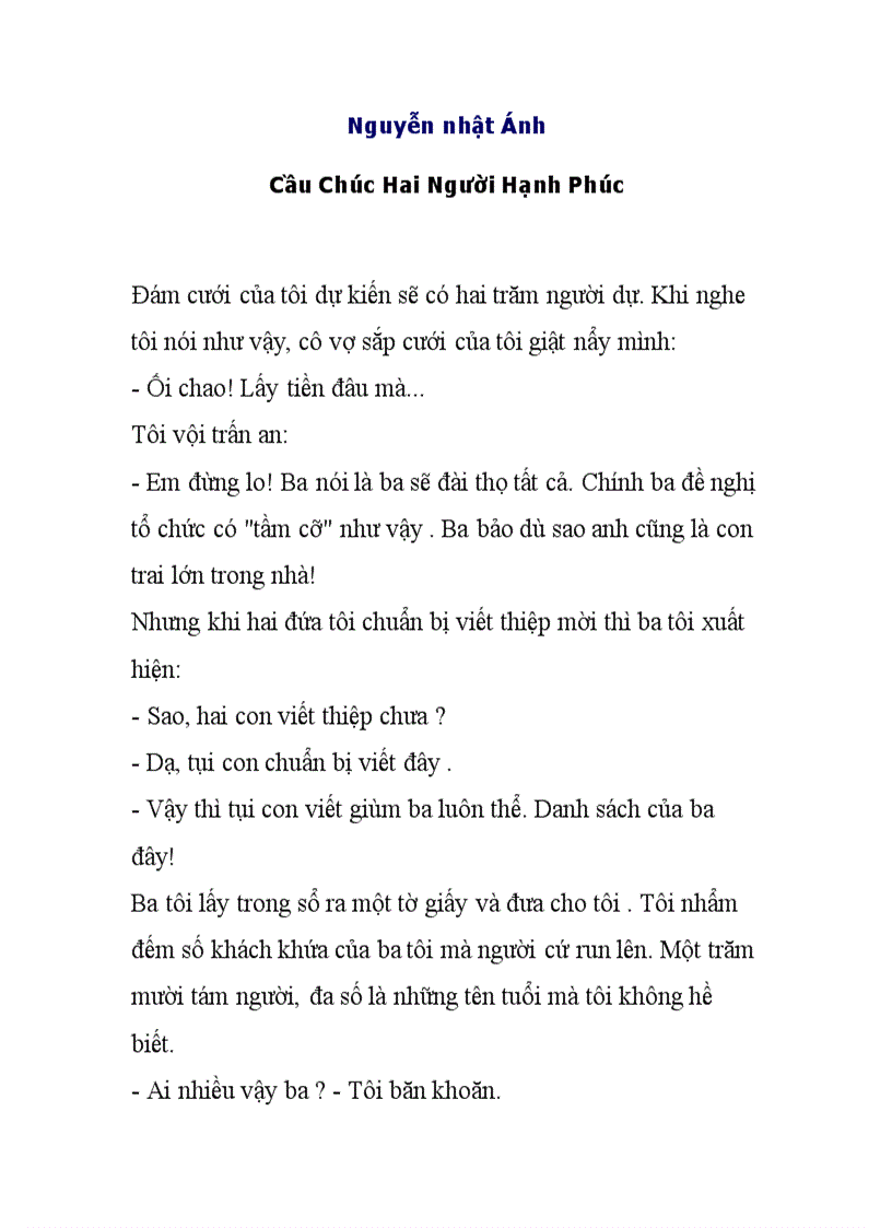 Cầu Chúc Hai Người Hạnh Phúc Nguyễn nhật Ánh