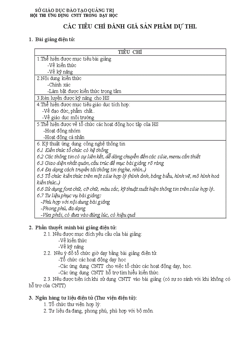 Các tiêu chí để đánh giá sản phẩm dự thi ứng dụng CNTT trong dạy học
