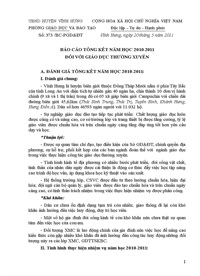 Báo cáo tổng kết năm học 2010 2011 đối với gdtx