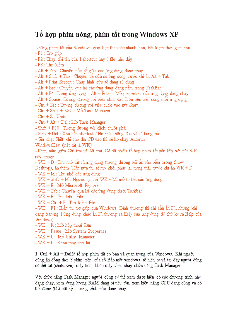 Các phím nóng tổ hợp phím tắt trong window XP