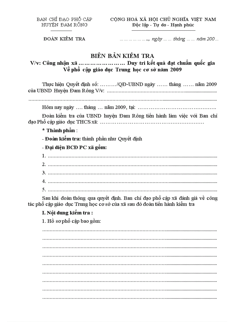 Biên bản kiểm tra phổ cập cấp huyện