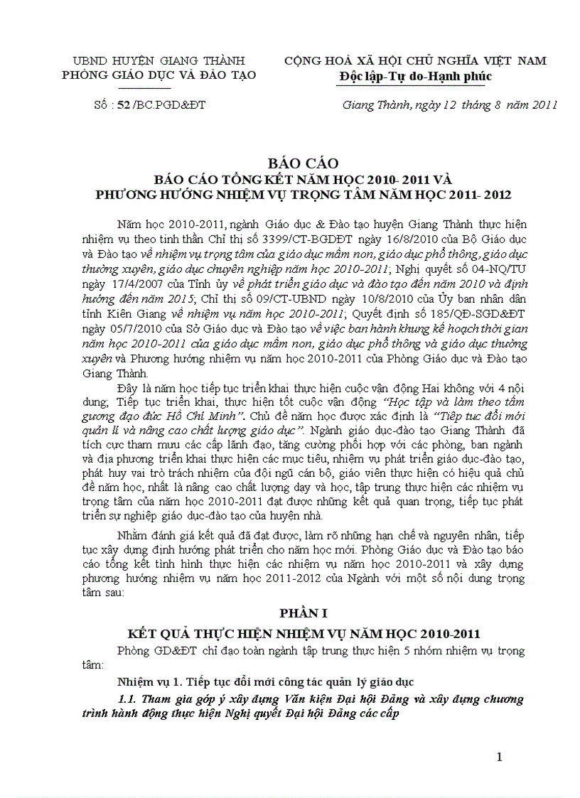 Báo cáo Tổng kết năm học 2010 2011 và Phương hướng nhiệm vụ trọng tâm năm học 2011 2012