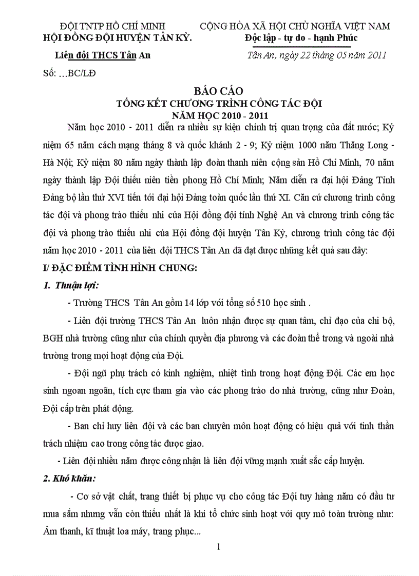Báo cáo tổng kết đội 2010 2011