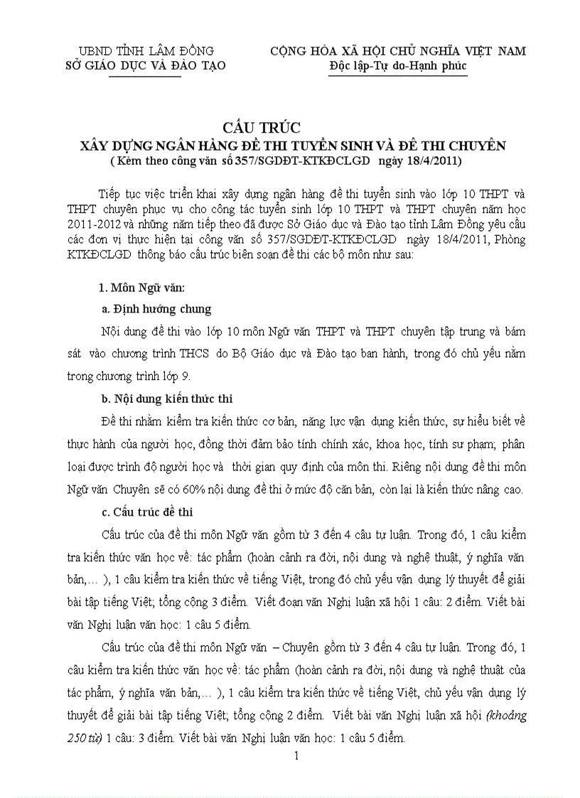 Cấu trúc đề thi tuiye63n sinh vào lớp 10 và thi vào trường chuyên năm 2011