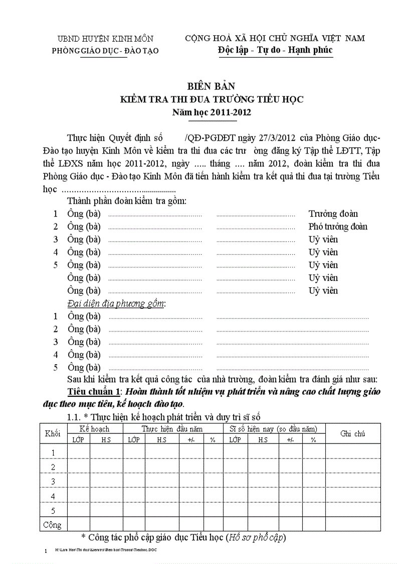 Biên bản kiểm tra Tiểu học