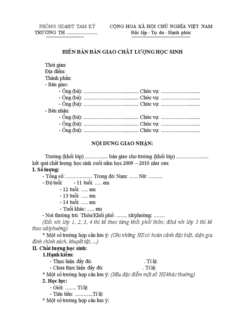 Biên bản bàn giao chất lượng học sinh