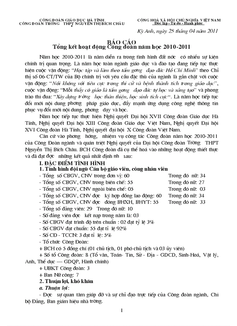 Báo cáo tổng kết hoạt động công đoàn trơừng THPT nguyễn Thị Bích Châu năm học 2010 2011