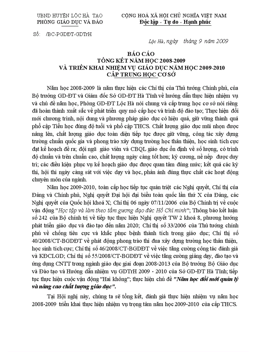 Báo cáo tổng kết naă hịc 08 09 và triển khai nv năm hcọ 09 10