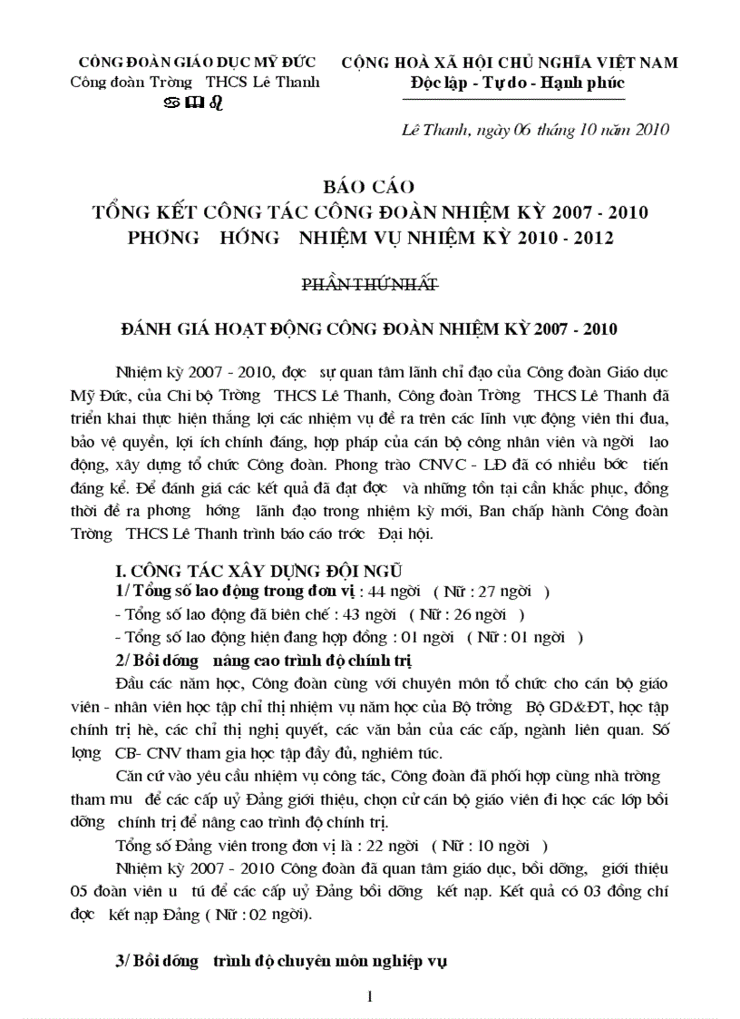 Báo cáo TK Công đoàn nhiệm kì 2007 2010