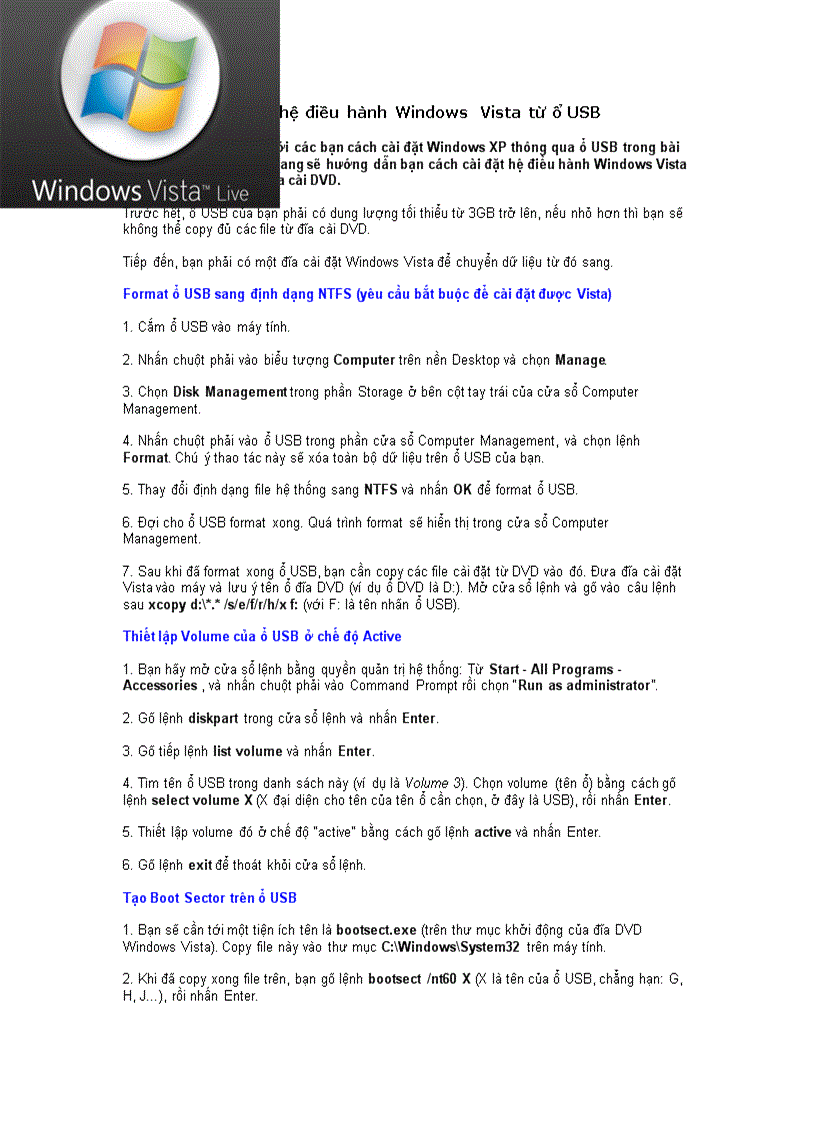 Cài đặt hệ điều hành Windows Vista từ ổ USB