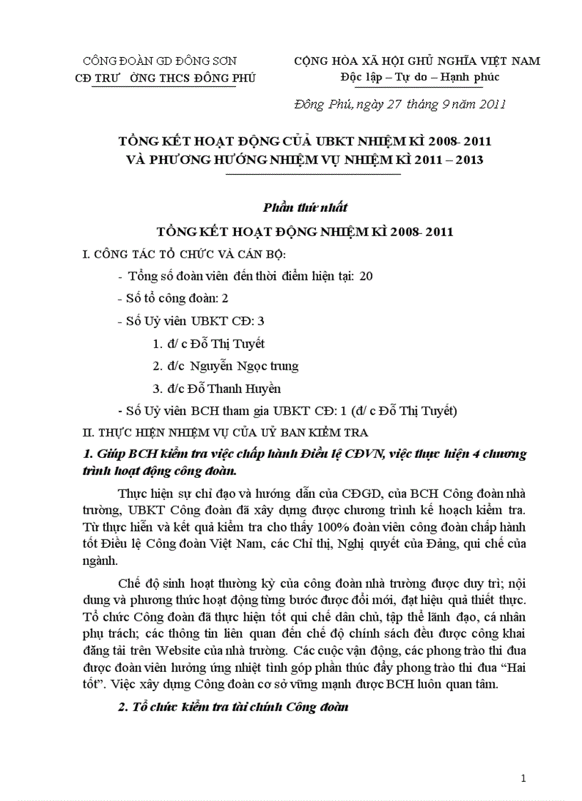 Báo cáo tổng kết hoạt động của ubkt công đoàn nhiệm kỳ 2008 2011 và phương hướng nhiệm kỳ 2011 2013