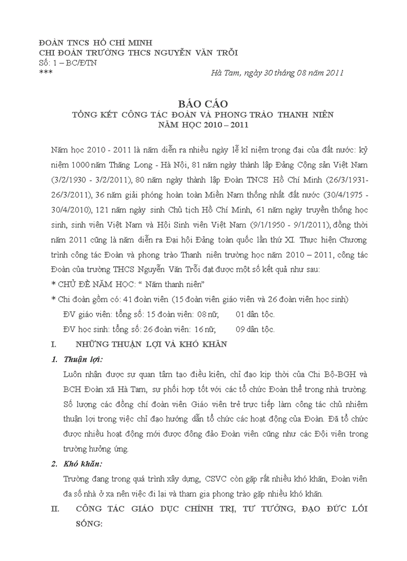 Báo cáo tổng kết công tác đoàn 2010 2011