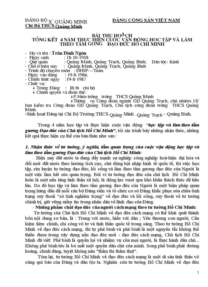 Bài thu hoạch qua 4 năm thực hiện cuộc vận động Học tập và làm theo tấm gương đạo đức Hồ Chí Minh