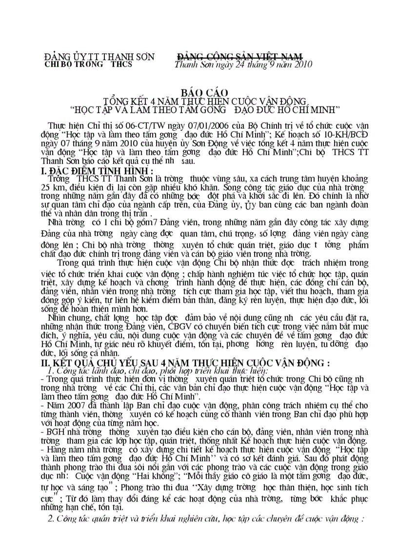 Báo cáo tổng kết 4 năm thực hiện cuộc vân động học tập và làm theo tấm gương đạo đức HCM