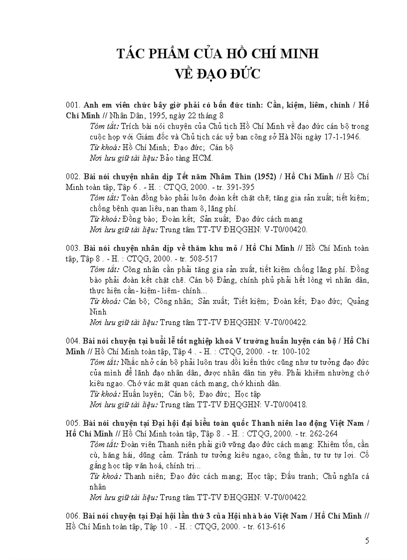 Các tác phẩm về Đạo Đức của Chủ Tịch Hồ Chí Minh