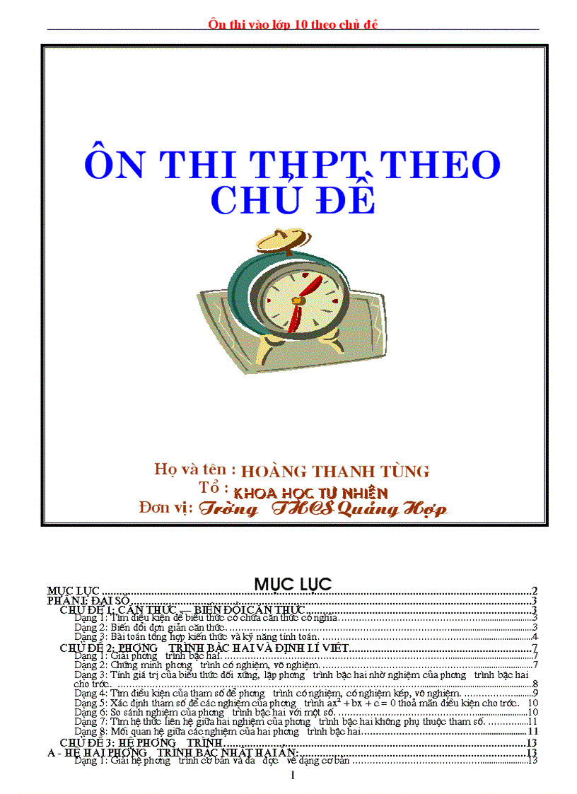 Các dạng Toán ôn thi vào THPT