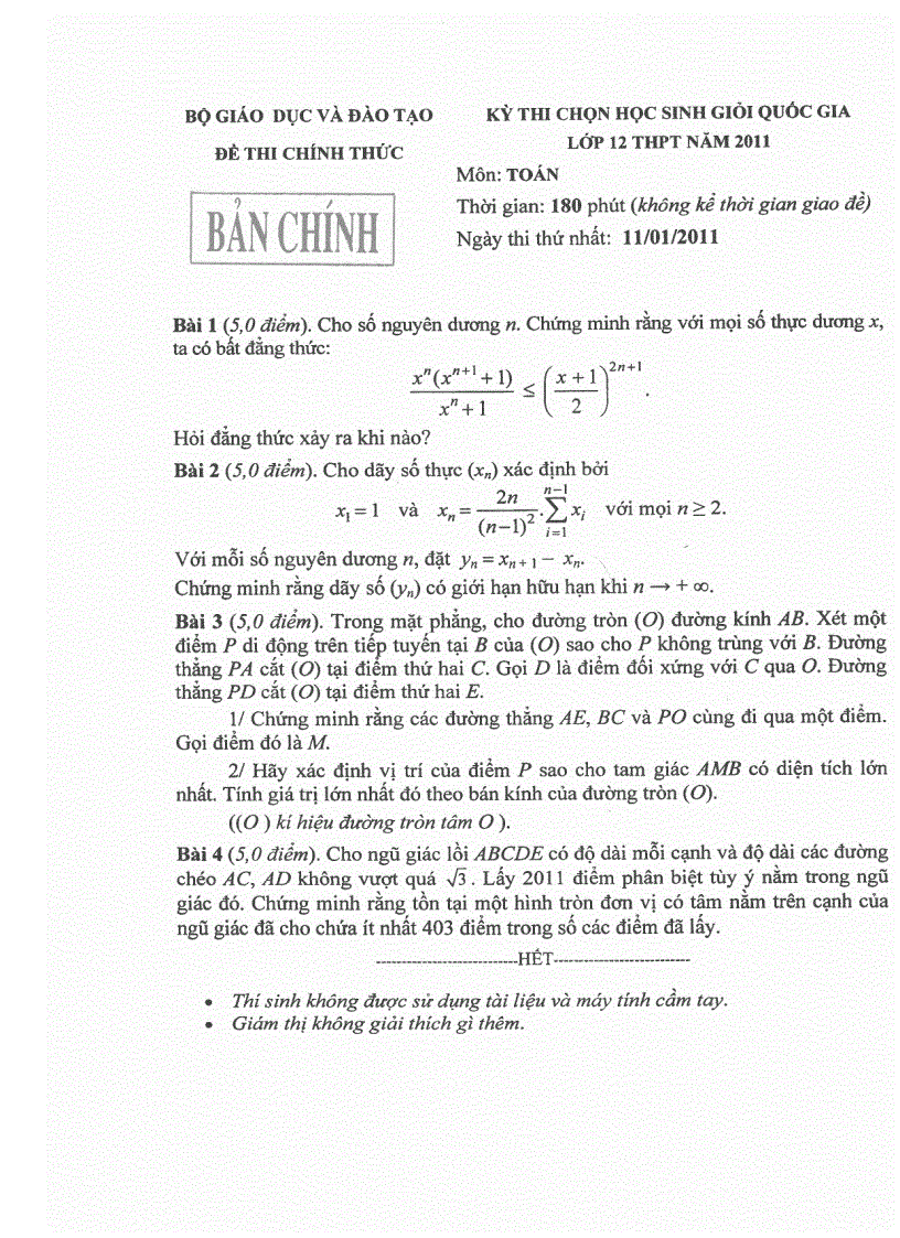 Bộ đề thi hsg quốc gia năm 2011 tất cả các môn