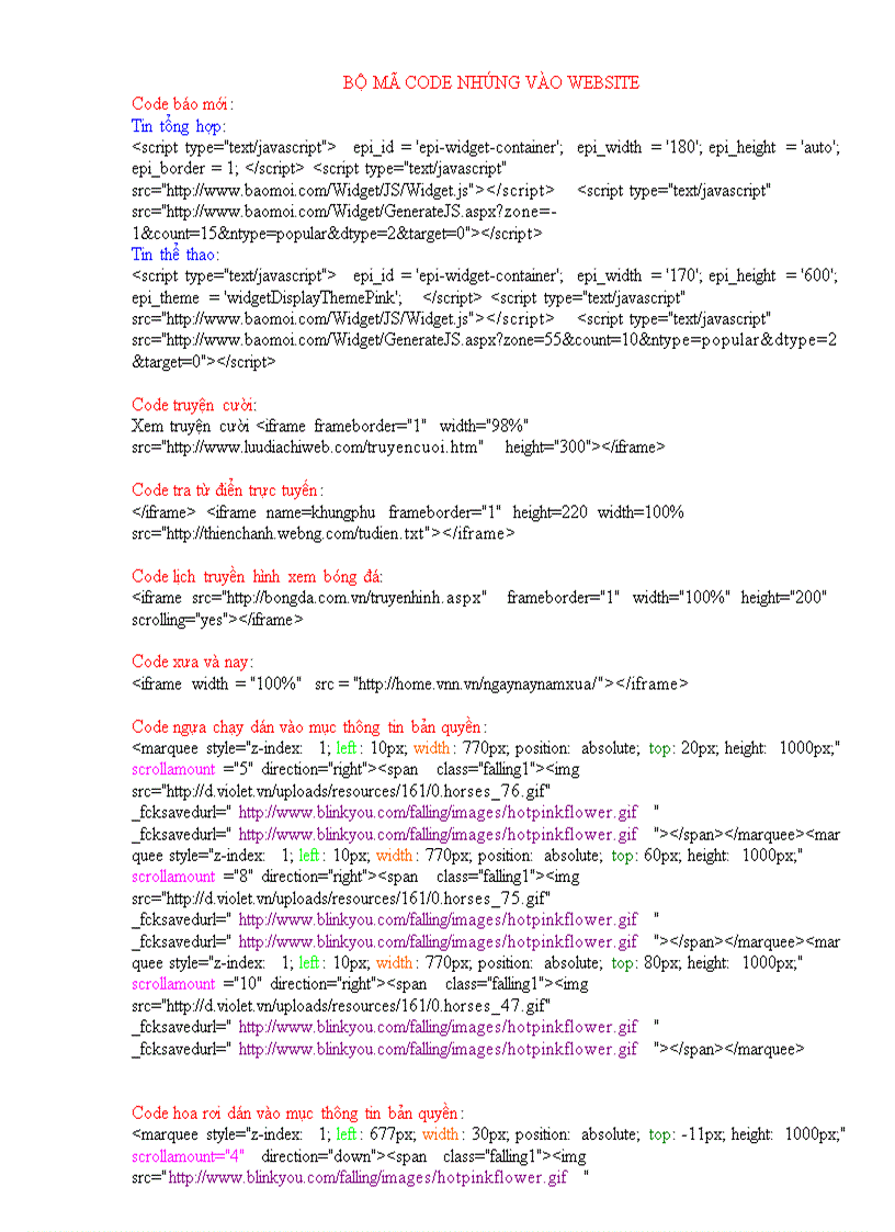 Bộ mã code nhúng vào website