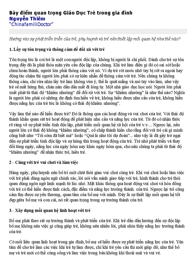 Bảy điểm quan trọng Giáo Dục Trẻ trong gia đình doc